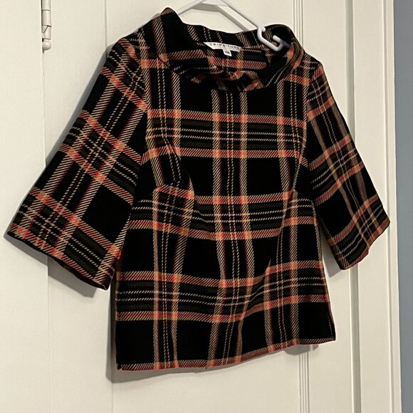 Trina Turk mock neck plaid blouse size XS 3/4 sleeve preppy dark academia fall - Picture 2 of 9